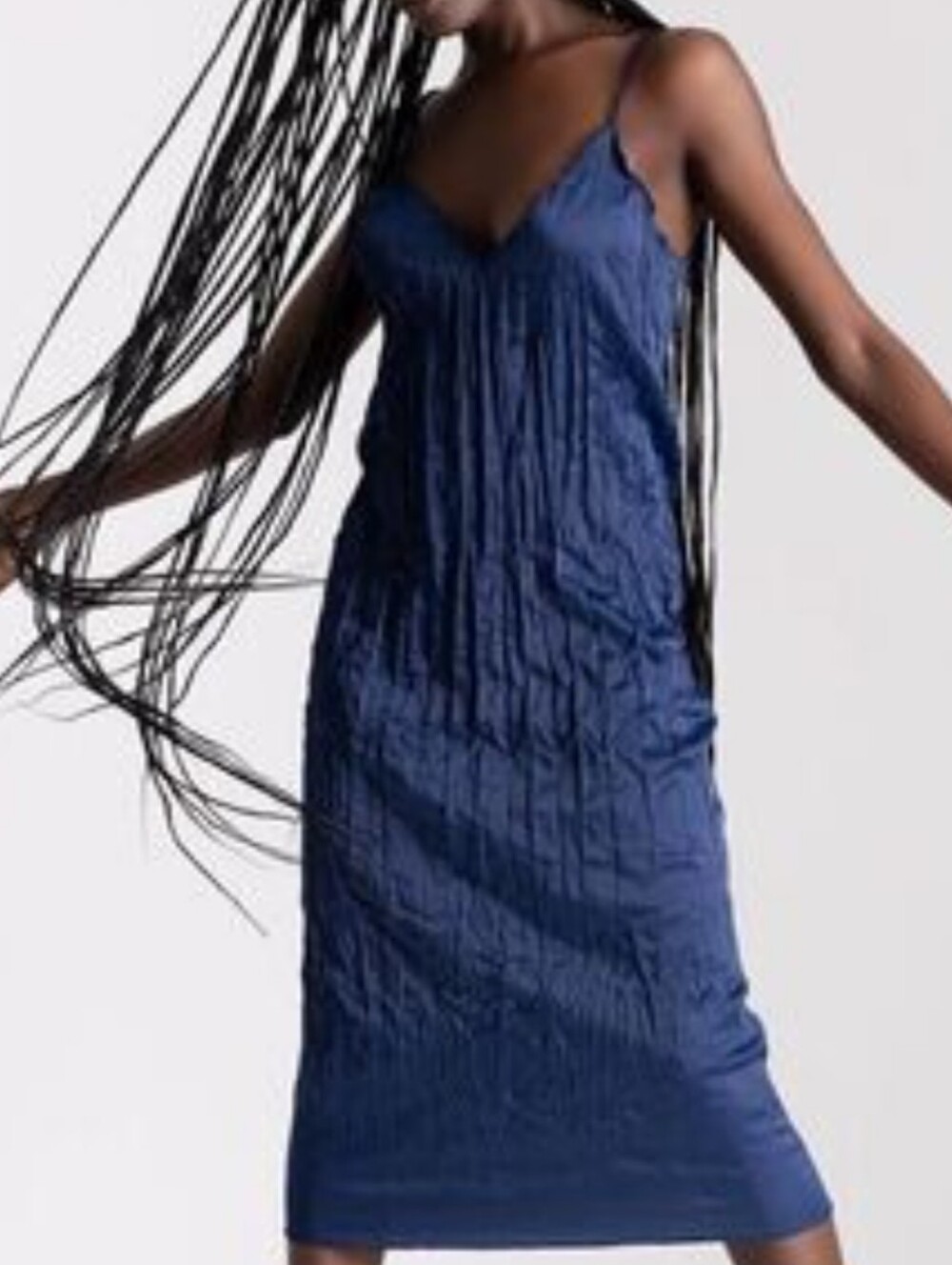 Zara women’s Navy pleated slip Midi Dress w/ V-Neck in front and back. Size S